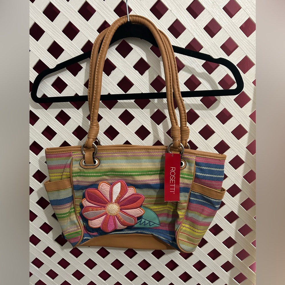 Rosetti Multicolor Striped Tote with Floral Applique and Tan Handles